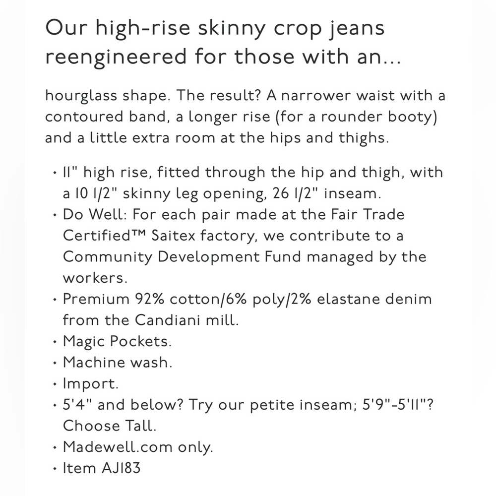 Madewell Curvy High-Rise Skinny Crop Jeans Dalstrom Wash sz 25 new without tags - Picture 9 of 9